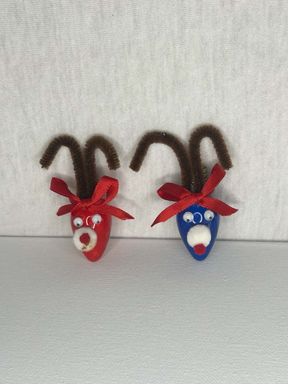 Vintage Handmade Lightbulb Reindeer Christmas Ornaments Pair